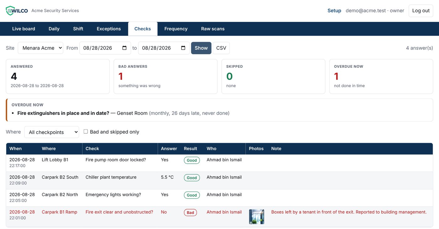 The Checks page in Wilco, with counts, an overdue check and a list of answers
